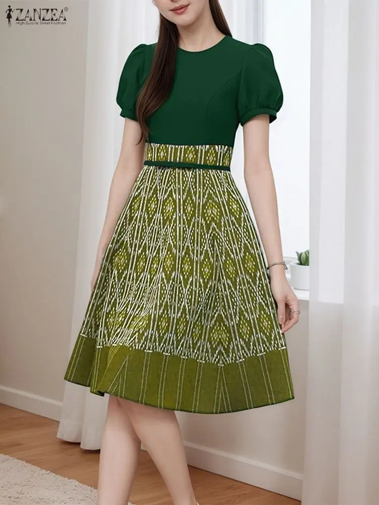 Sukienki damskie w stylu vintage ZANZEA z nadrukiem na rok 2025, eleganckie sukienki na imprezę, letnie sukienki z krótkim rękawem, długa koszula, szata, bufiaste rękawy, sukienka w kształcie litery A, sukienka letnia.
