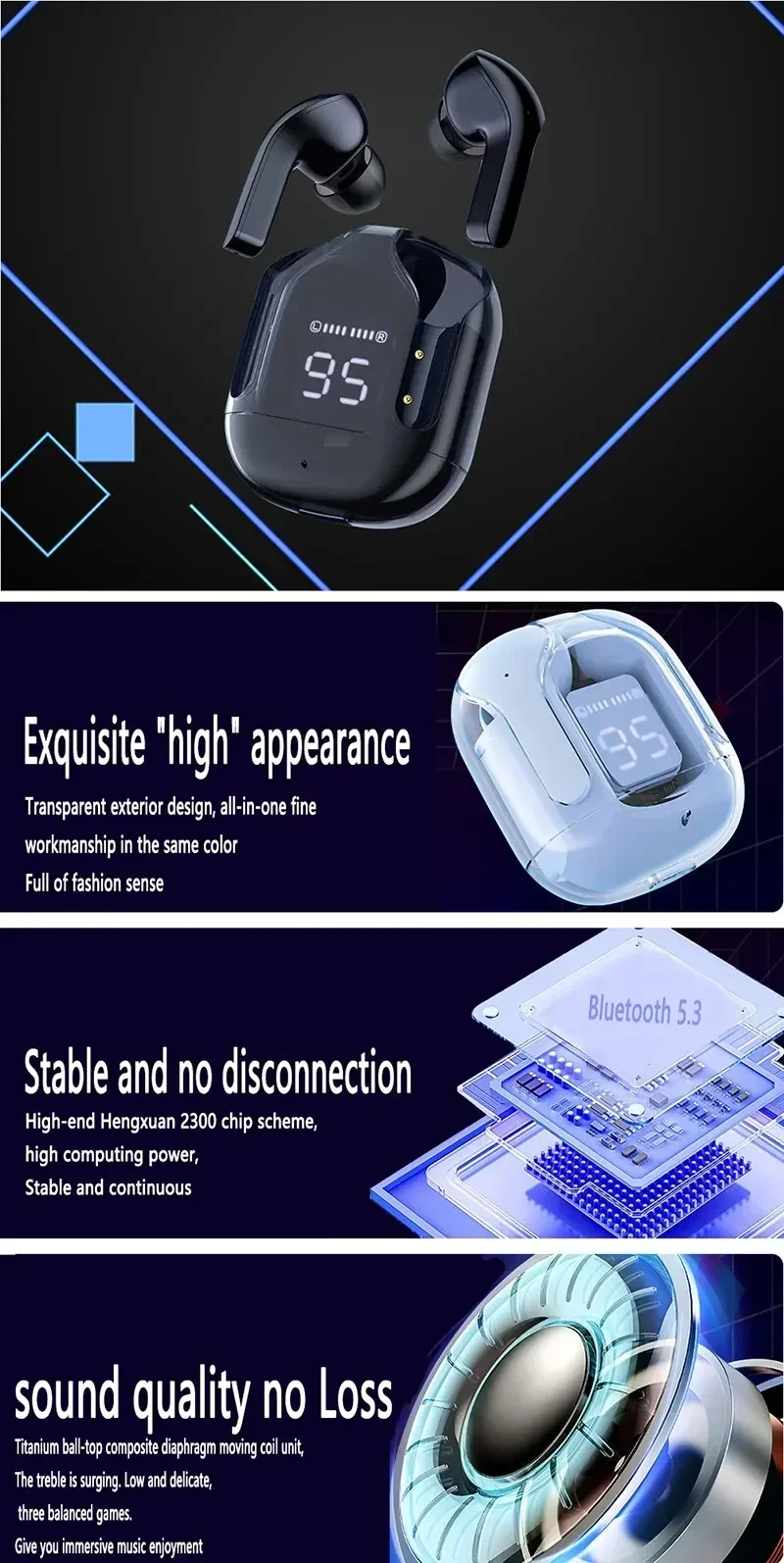 Original T2 Wireless Bluetooth Earphone Transparent HIFI