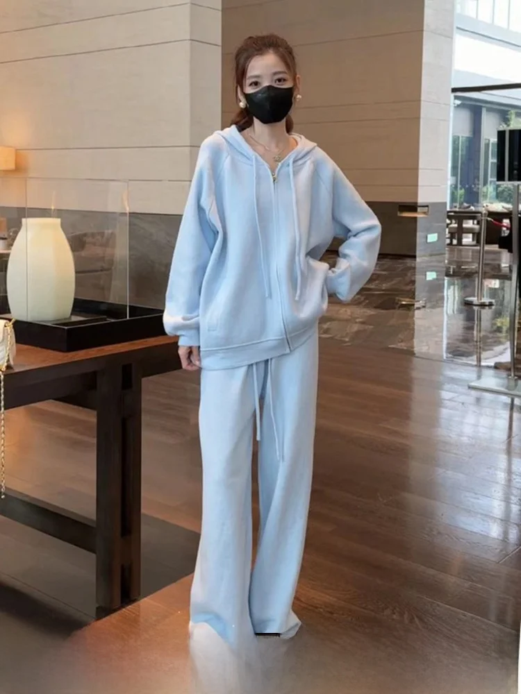 

Весенний новый свободный комплект из двух предметов: кардиган с капюшоном и широкие брюки. Женский люксовый костюм с омолаживающим дизайном.