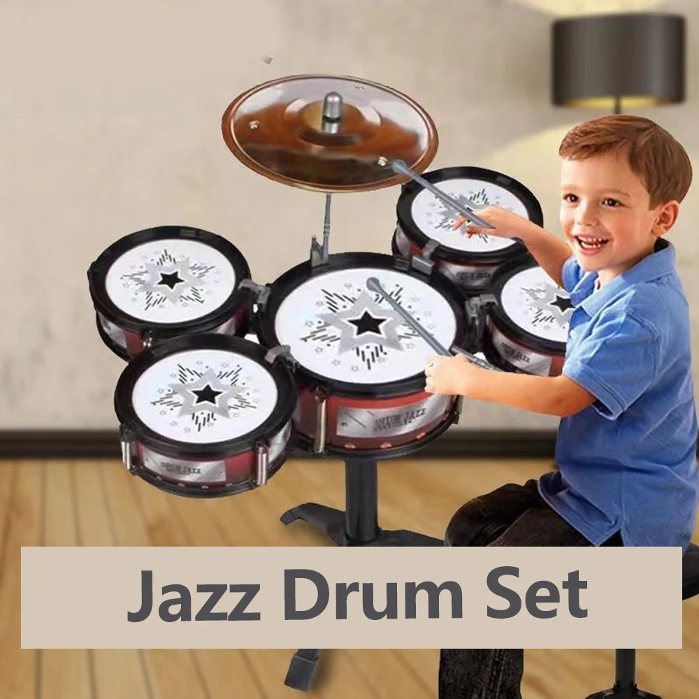 Jazz Drum Set for Kids 5 Drums / 3 Drums with Small Stool Drum Stick Set Music Instrument Educational Toys for Beginners Gifts