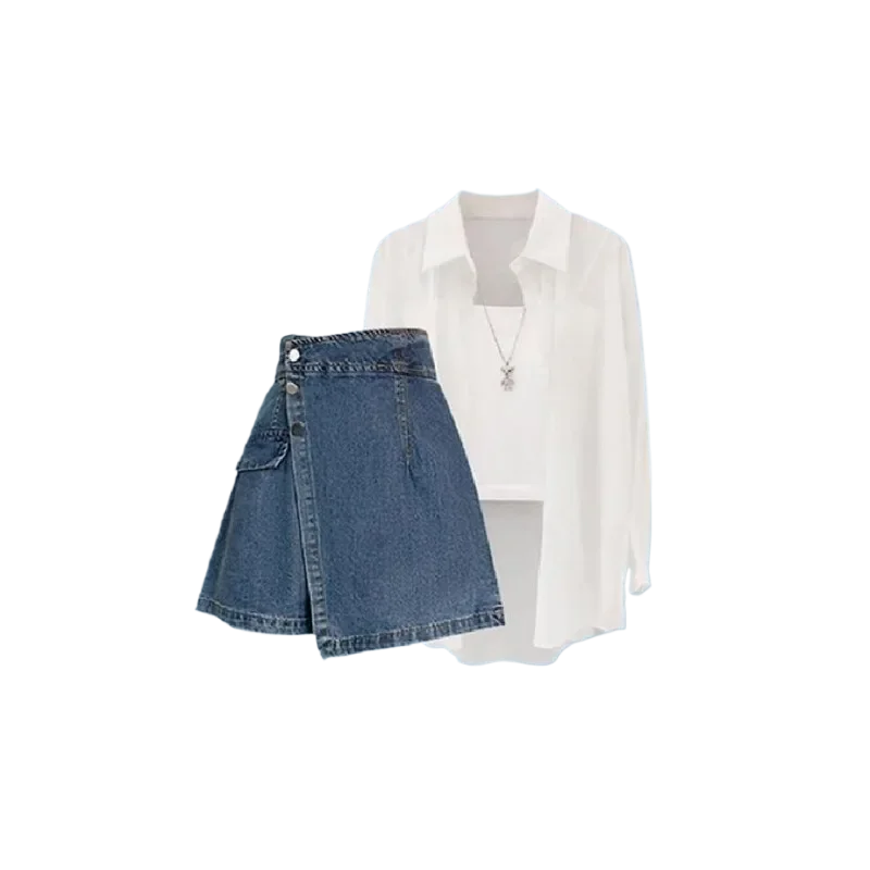 Women's 2025 Summer New Denim Short Skirt Matching Set Korean Elegant Chiffon Sunscreen Shirt+White Sling+Irregular Dress Suit