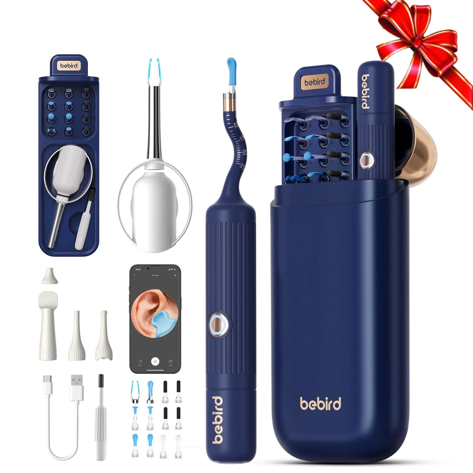 

Earwax cleaning kit with camera and light, replacement cleaning head, dust and water resistant, rechargeable battery, app contro