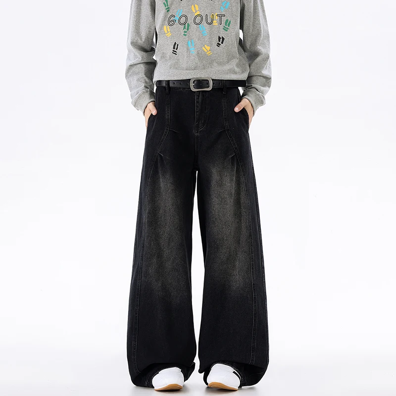 

Мужские весенние джинсовые брюки 2026, новые плиссированные широкие джинсы Sylish в американском стиле с изогнутым кроем, мешковатые универсальные прямые джинсы длиной до пола