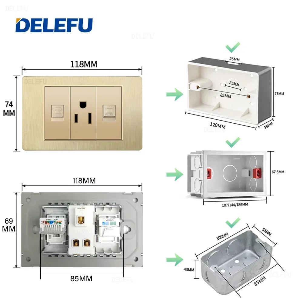 DELEFU Gold PC brushed panel American Standard series 118*74mm wall computer combination socket switch