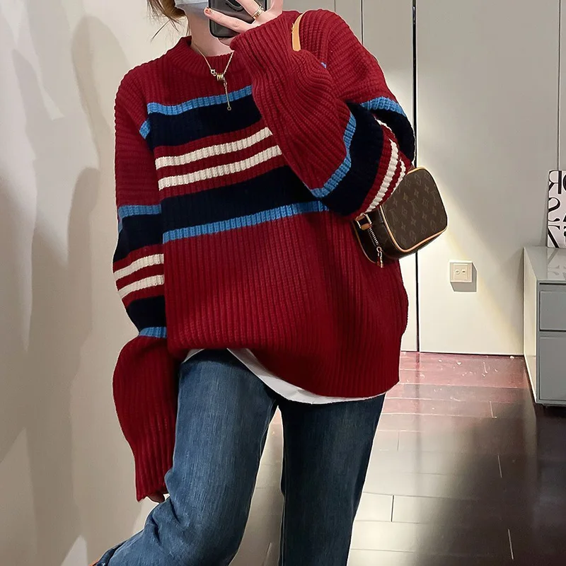 Autumn/winter New Fashion Casual Color Blocked High Quality Sweater Retro Elegant Comfortable Long Sleeved Knitted Women's Top