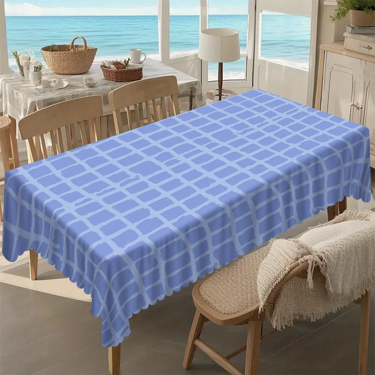 

Contemporary Pastel Blue Grid Tablecloth, Clean Brushstroke Pattern Print, Scalloped Trim, Dirt Resistant for Home Decor