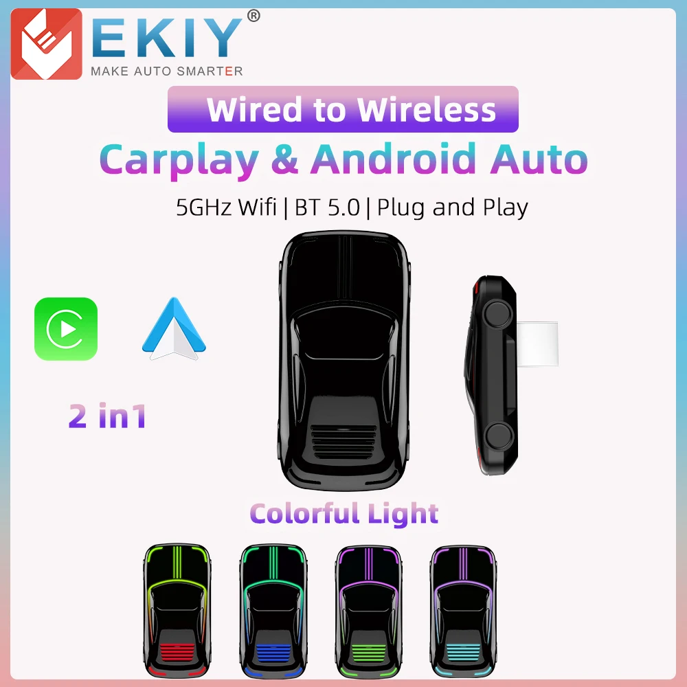 EKIY 2in1 RGB Wired to Wireless CarPlay Adapter for OEM Car Stereo With USB Plug and Play Smart Link Phone CarPlay Automatic