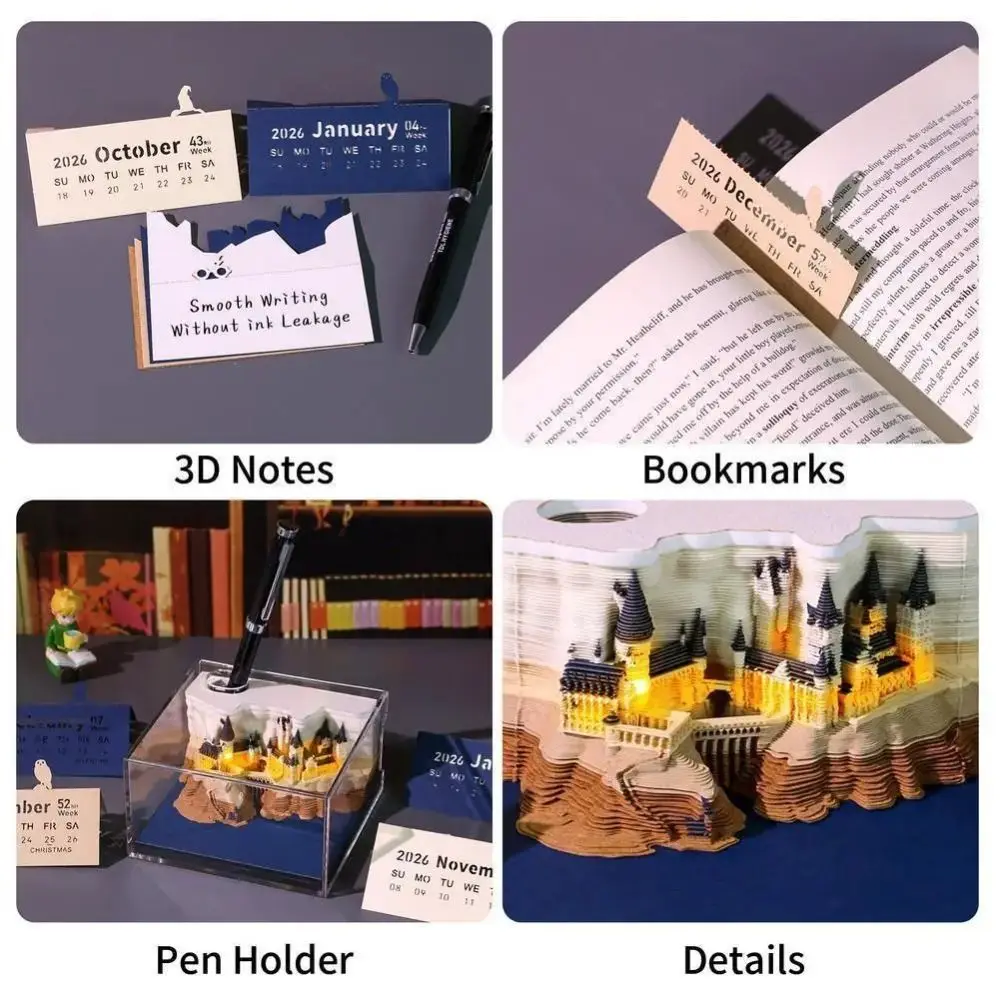 

With Lights Paper Sculpture Calendar 3D Paper Craft Desktop Ornament Magic Castle Calendar Notepad 3D Paper Craft Calendar