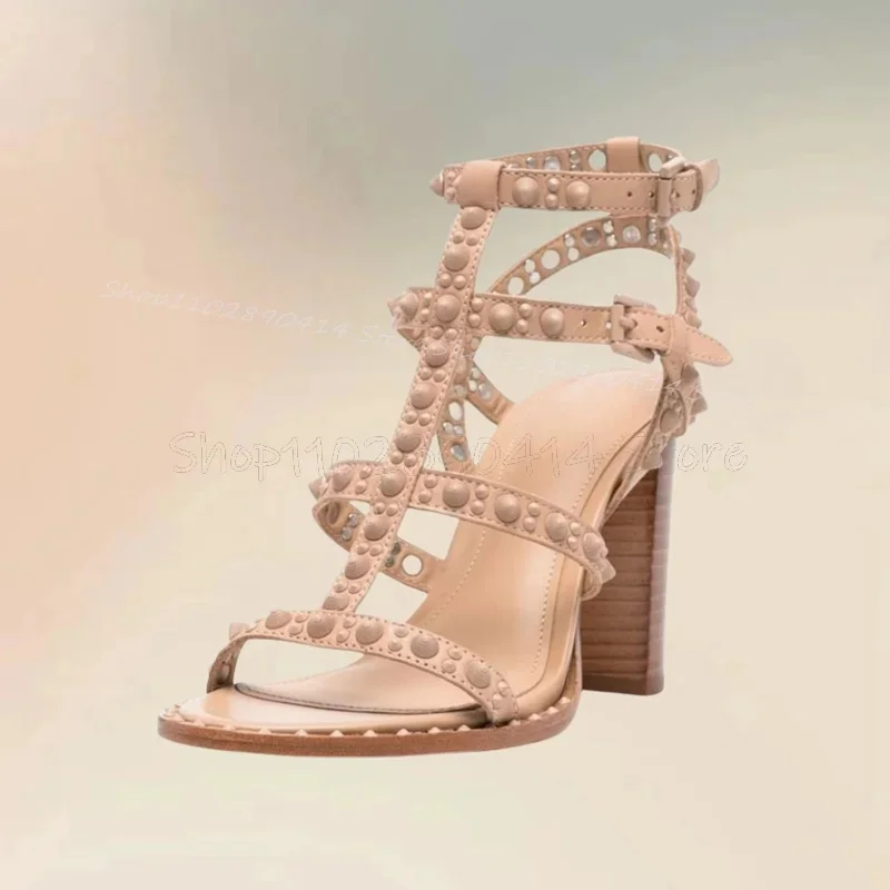 

Beige Rivets Decor Hollow Design Sandals Ankle Buckle Strap Women Shoes Chunky High Heels Open Toe Sexy 2025 Zapatos Para Mujere