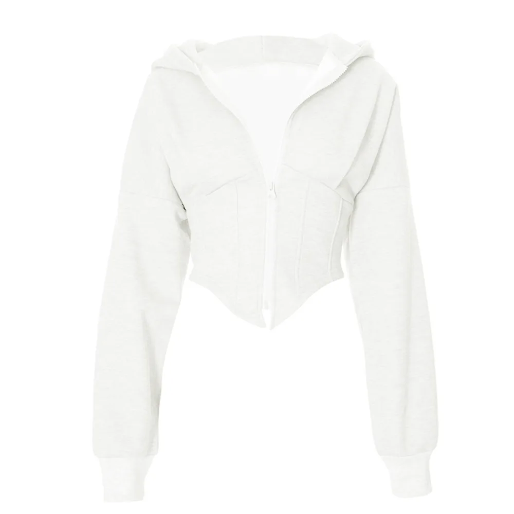 

Fashion Solid Color Hoodies Women V Shape Fish Bone Streetwear Cardigan Crop Top Irregular Long Sleeve Hooded Coat Spring