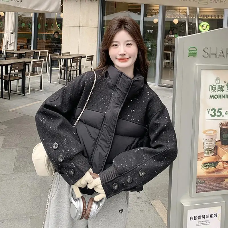 2025 Fashion Spliced Contrast Color Sequins Parkas Women's Winter Woolen Patchwork Cotton-padded Jackets Stand-up Collar Coats