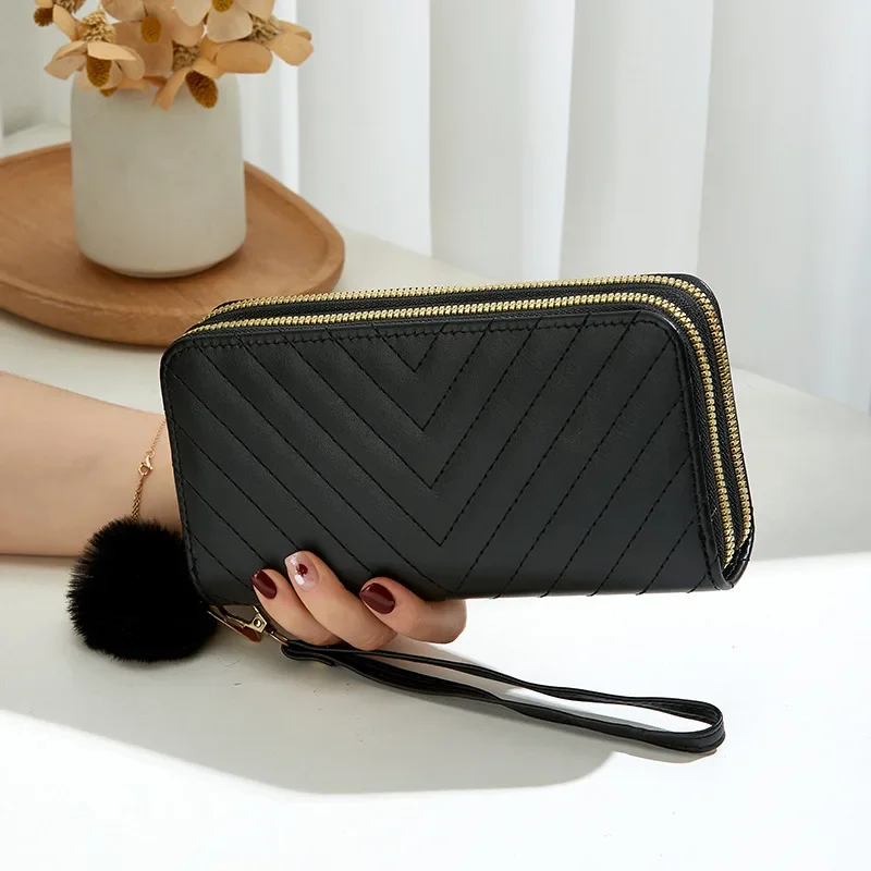 New Fashion Solid Color PU Wallet Girls Zipper Print Clutch Bag Temperament Simple Sewing Line Coin Purse