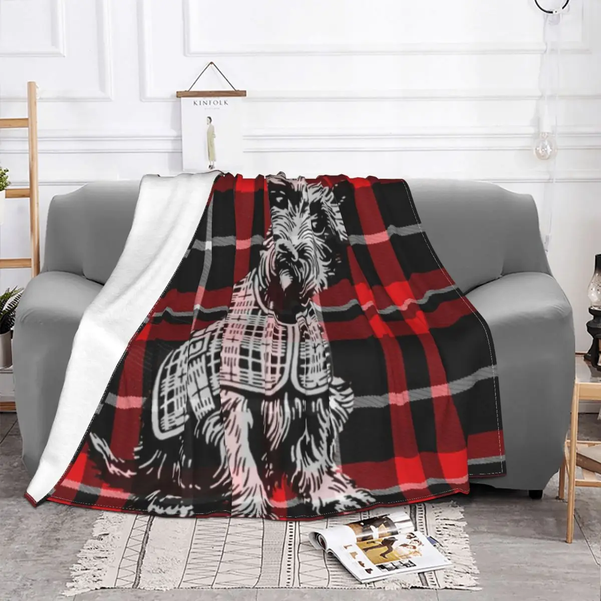 Scottish Terrier Dog On Red And Black Tartan Plaid Blanket Soft Fleece Flannel Scottie Pet Throw Blanket for Sofa Travel Bedding