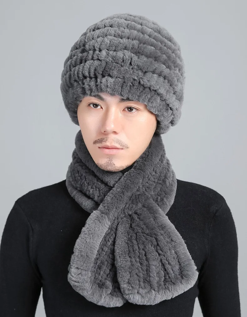 Real Rex Rabbit Fur Hat and Scarf Sets para homens, gorro quente, headwear, lenço, cinza, preto, azul, inverno