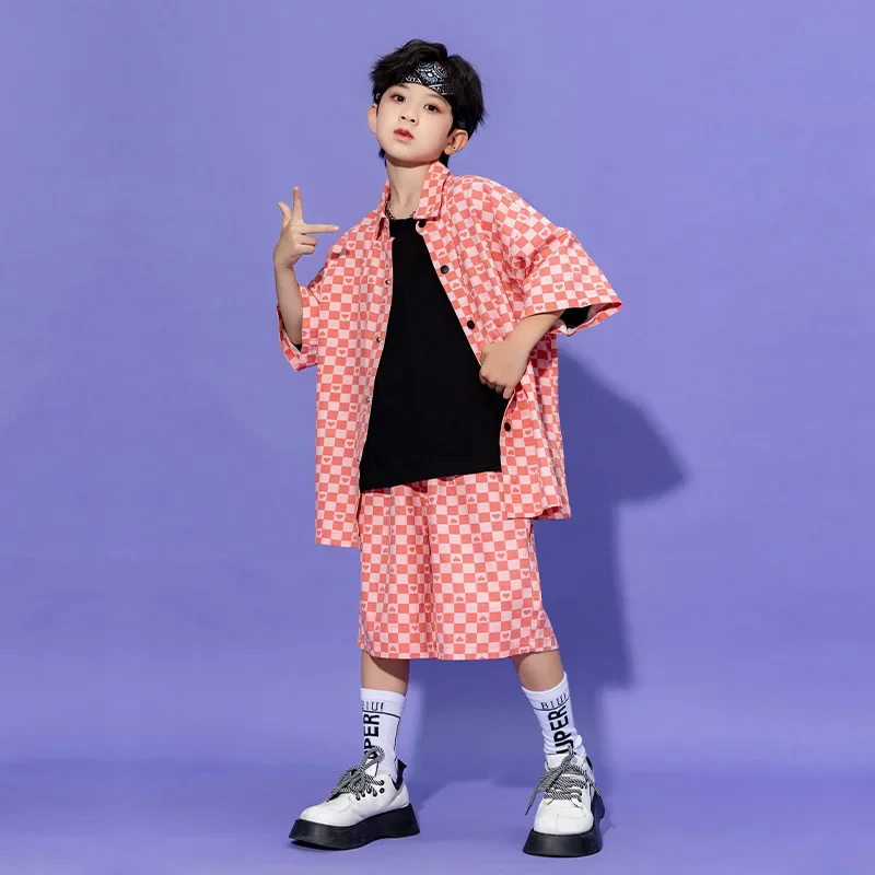 Menina hip hop dança traje crianças rosa xadrez camisa calças superiores crianças jazz rua desempenho conjuntos de roupas