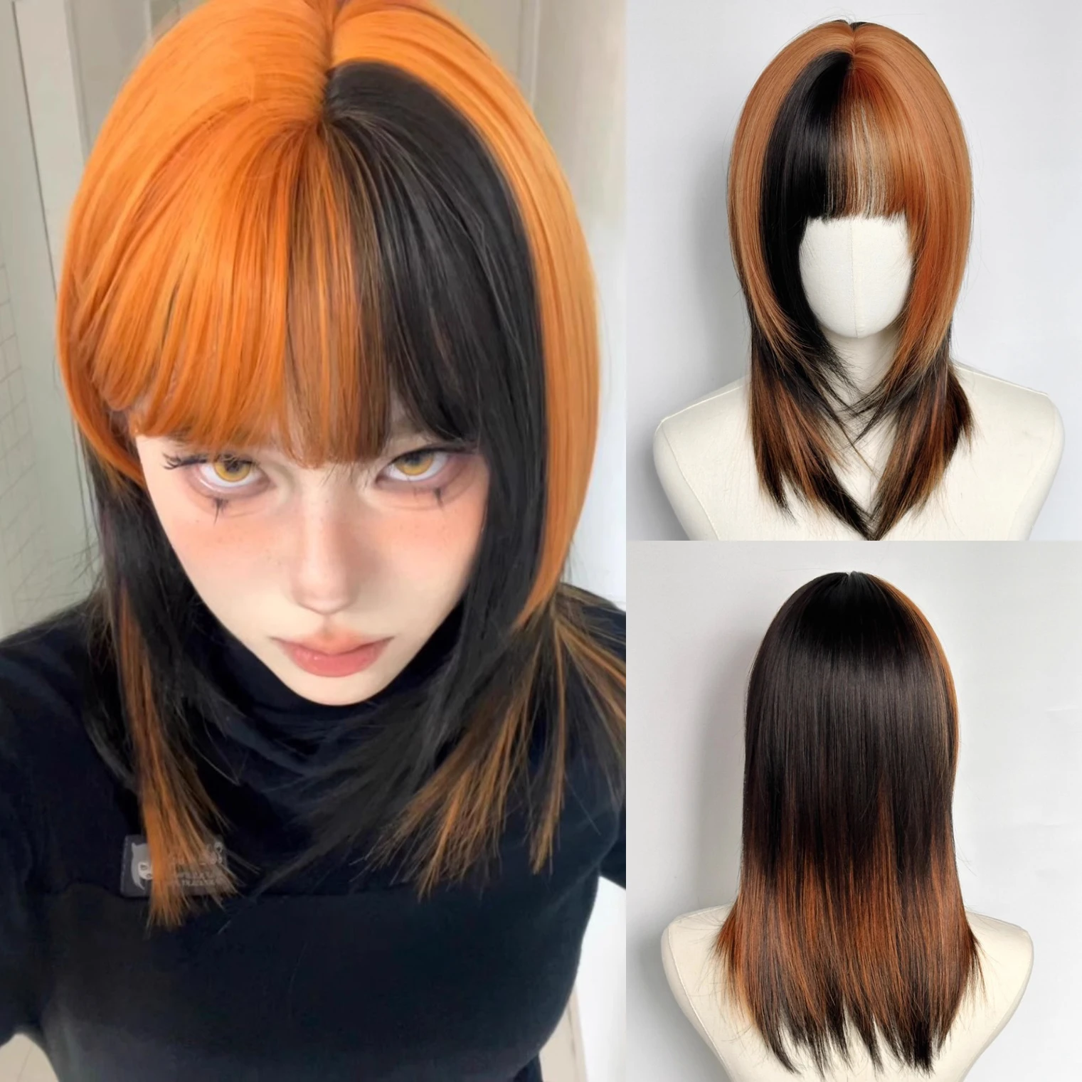

Synthetic Black & Dirty Orange Highlights Wig Y2K Subculture Wigs with bangs Lolita Cosplay Layered Short Straight Hair Wig