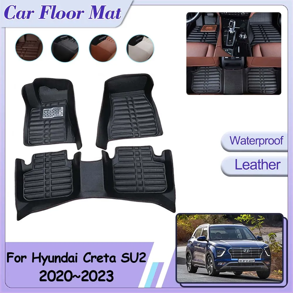 Car Floor Mat for Hyundai Creta Cantus HC SU2 2020~2023 Leather Panel Liner Carpet Custom Foot Parts Pad Rug Interior Accessorie