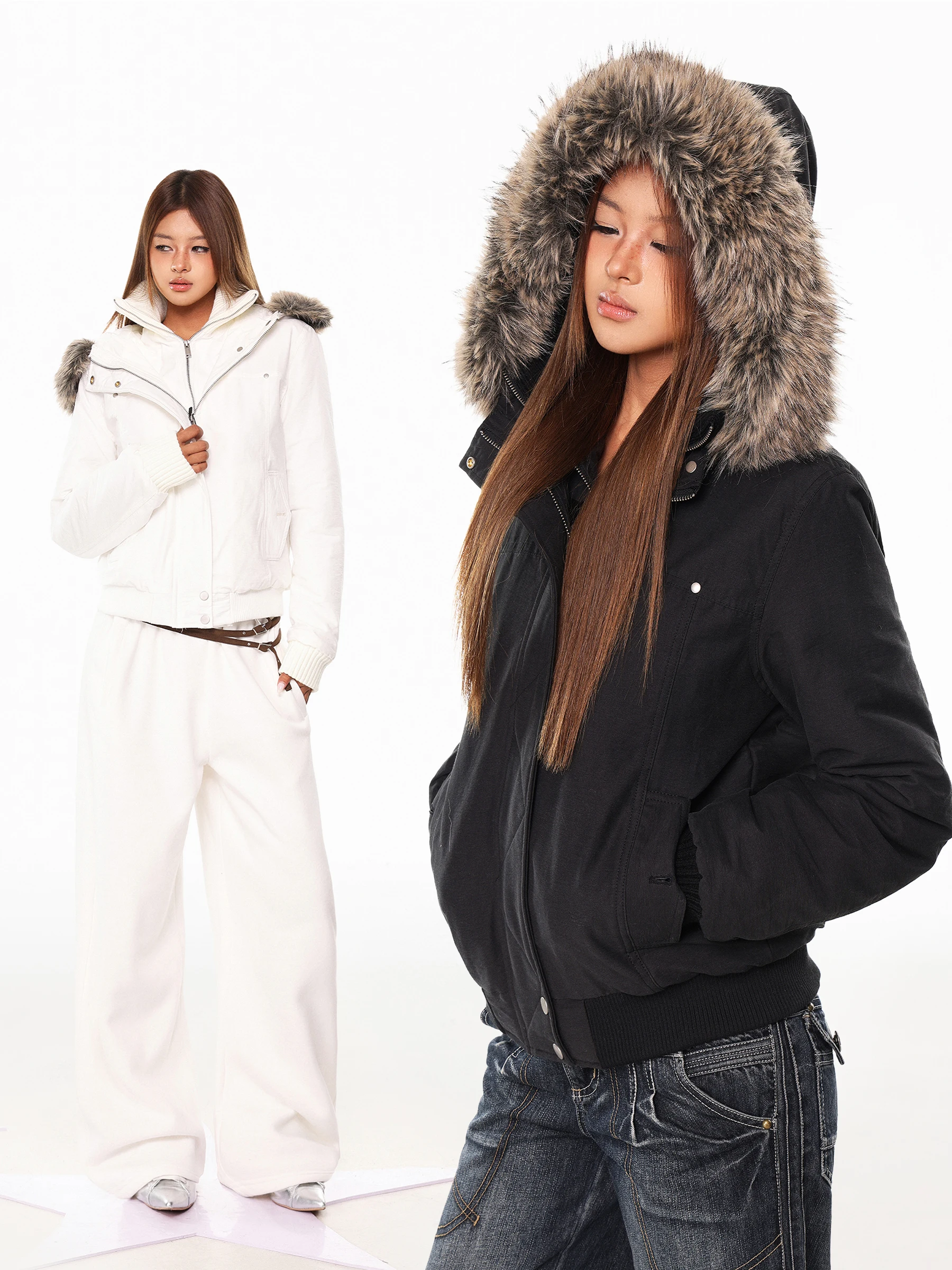 

Женская зимняя теплая куртка с капюшоном, хлопковая, с белым меховым воротником, двойной молнией, в американском стиле, для женщин