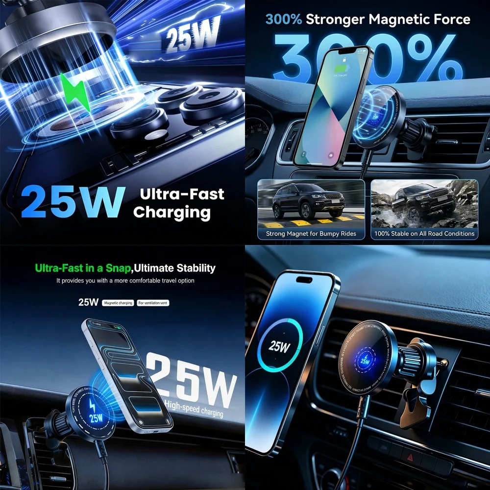 

Air Vent Phone Holder Stand 25W Super Fast Magnetic Wireless Car Charger for iPhone 17 16 15 14 13 12 Pro Max Stable Support