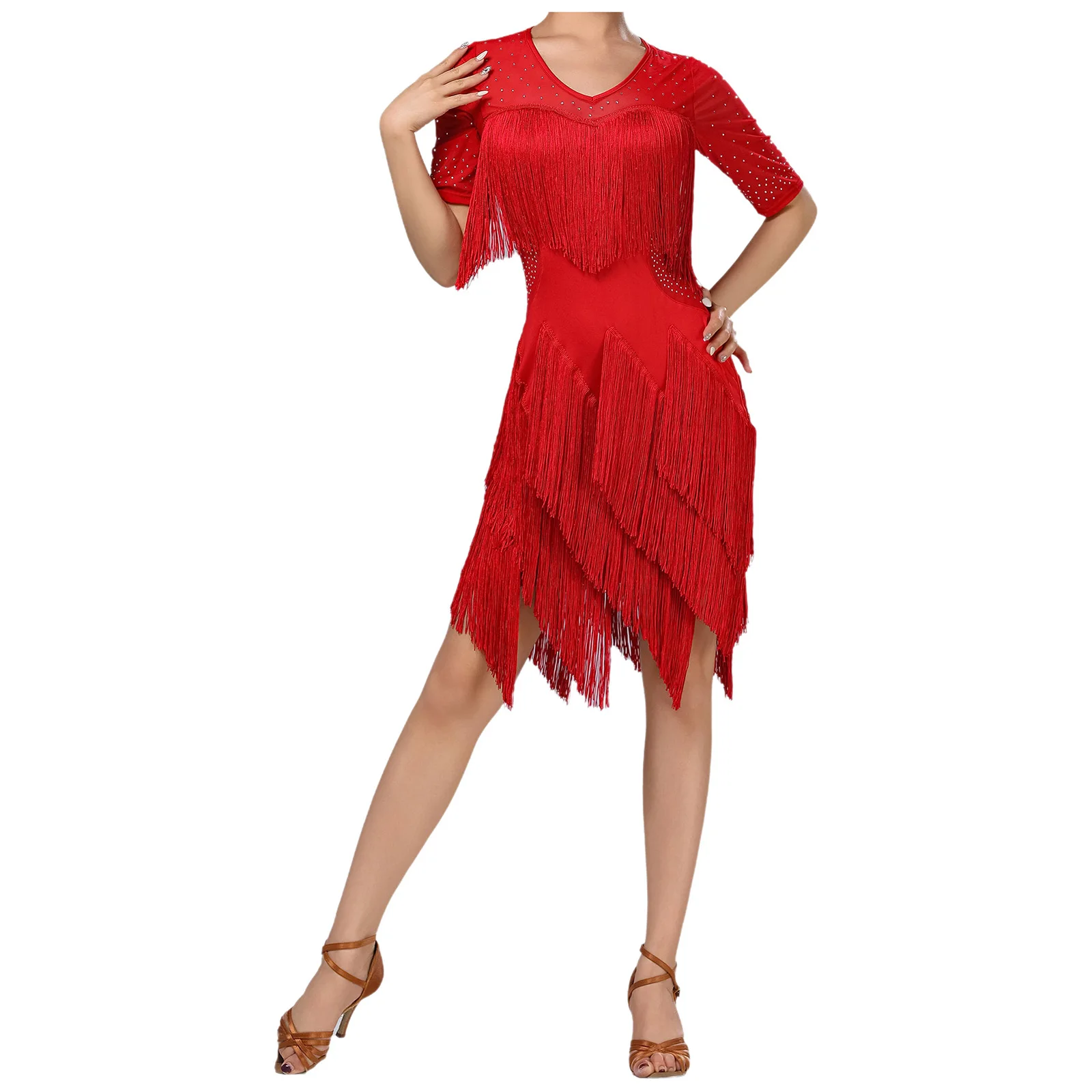 Vestido latino con borlas para baile de Tango y Rumba para mujer, vestido con flecos de malla con diamantes de imitación brillantes para Chacha Rumba Samba, Ropa de baile para actuación