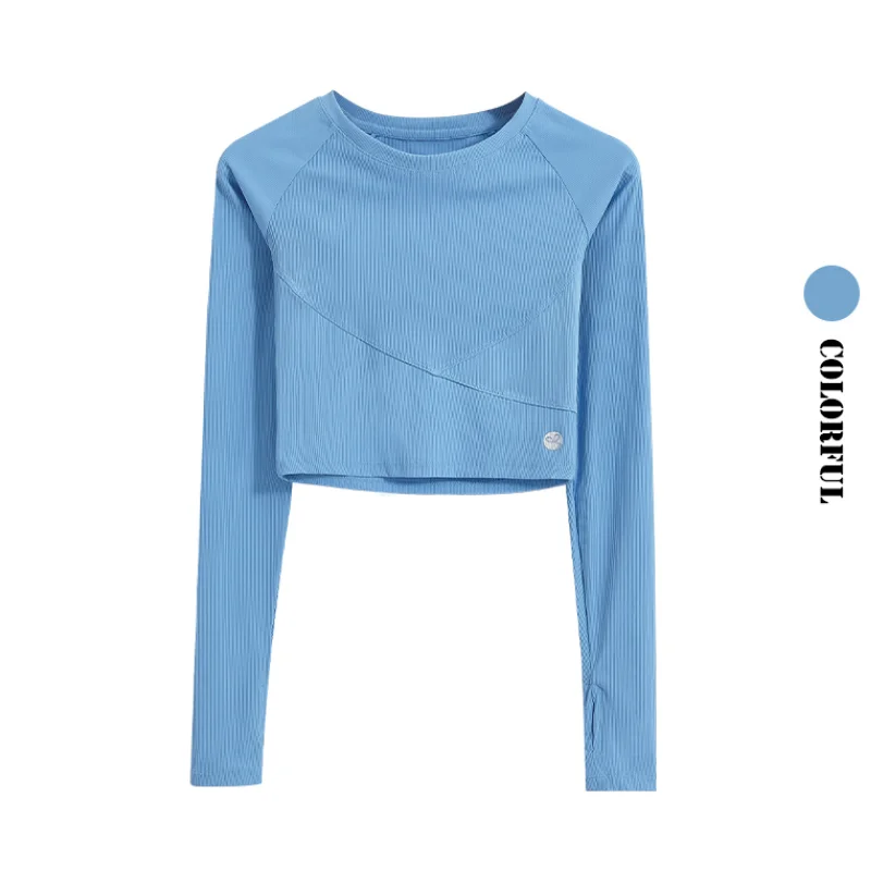 Drur manga longa com nervuras yoga colheita regatas com pescoço redondo fino ajuste ginásio pilates camisa esportiva para mulher casual básico apertado topo