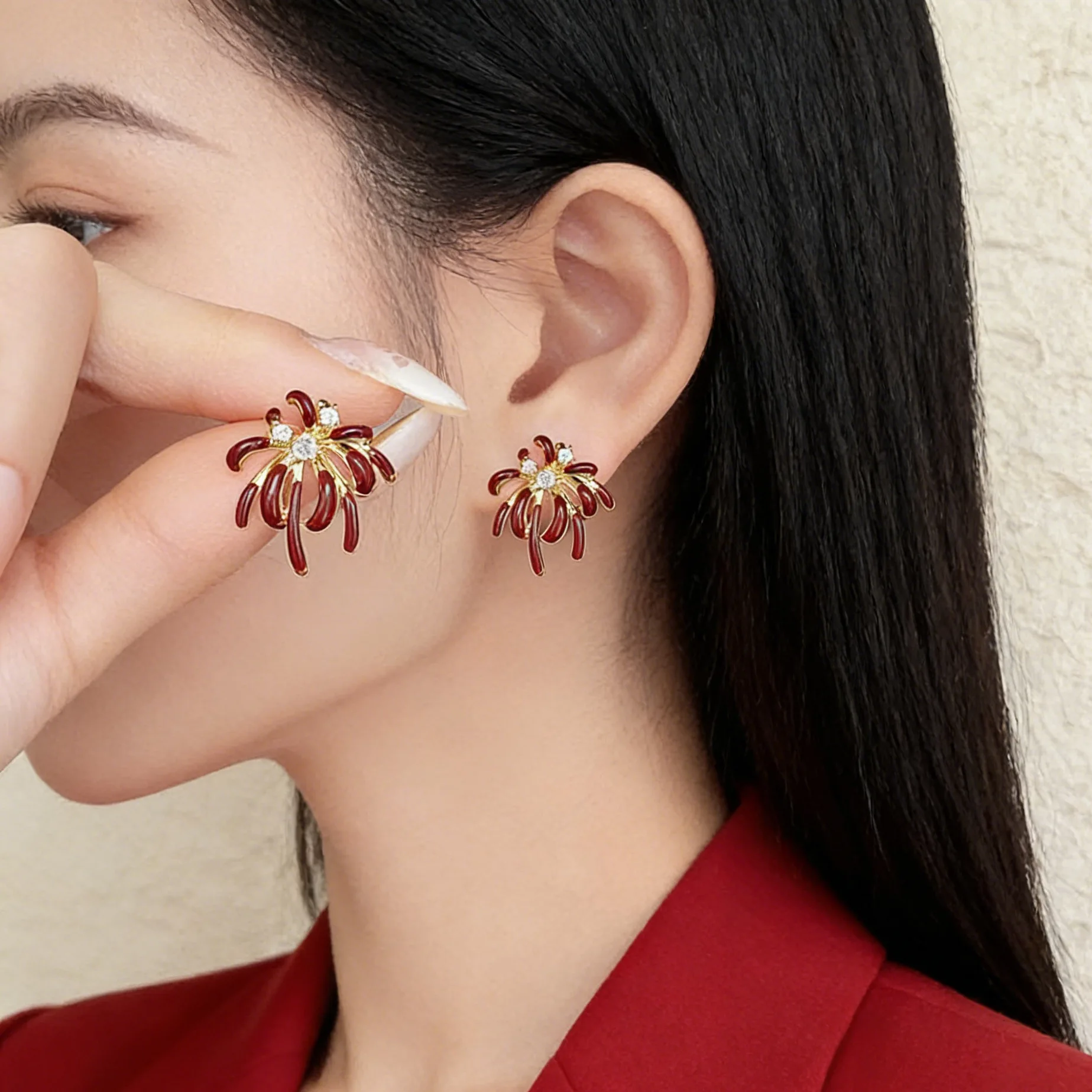 New red fireworks earrings for autumn and winter women, unique and niche earrings, popular light luxury high-end earrings