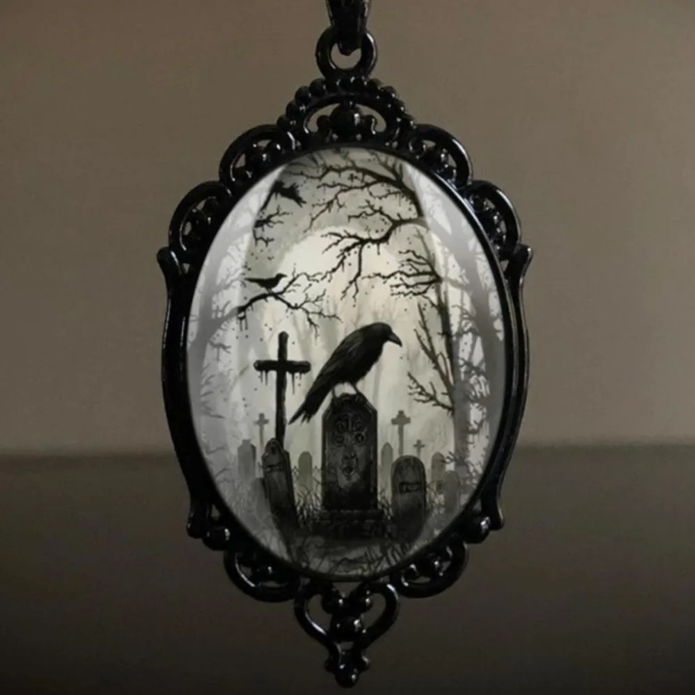 Gothic Victoria Oval Black Art Tombstone Night Crow Pendant Necklace for Women Men Halloween Party Retro Jewelry Accessory Gift