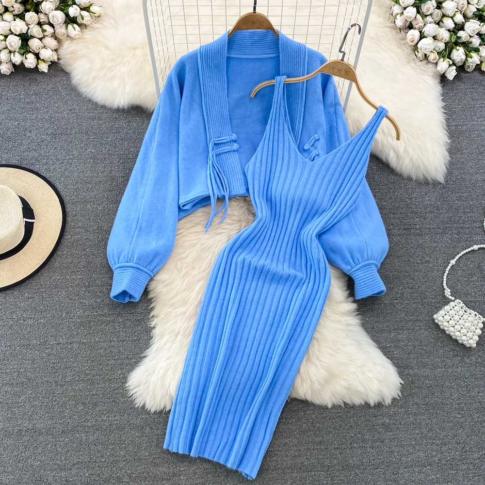

Slouchy Soft Bat Sleeve Loose Knit Dress Women Shawl Coat And Sleeveless Vest Dress Two Piece Set Sexy Backless Strap Dresses