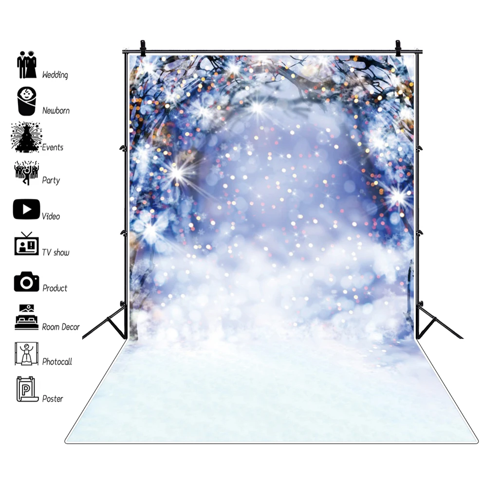 Christmas Winter Snow Scenery Photography Backdrop Glitter Snowflake Forest Xmas Tree Wood Floor Baby Portrait Photo Background