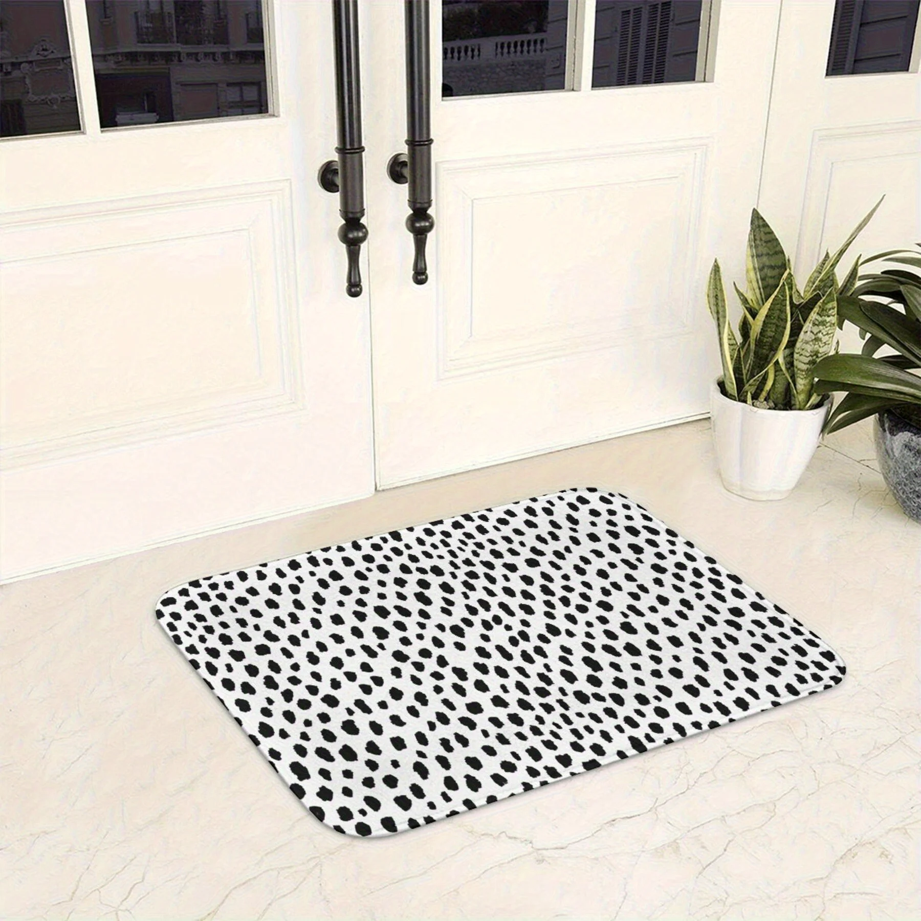 Black and white spotted dog pattern doormat, polyester fabric, machine washable, suitable for bedroom and living room decoration