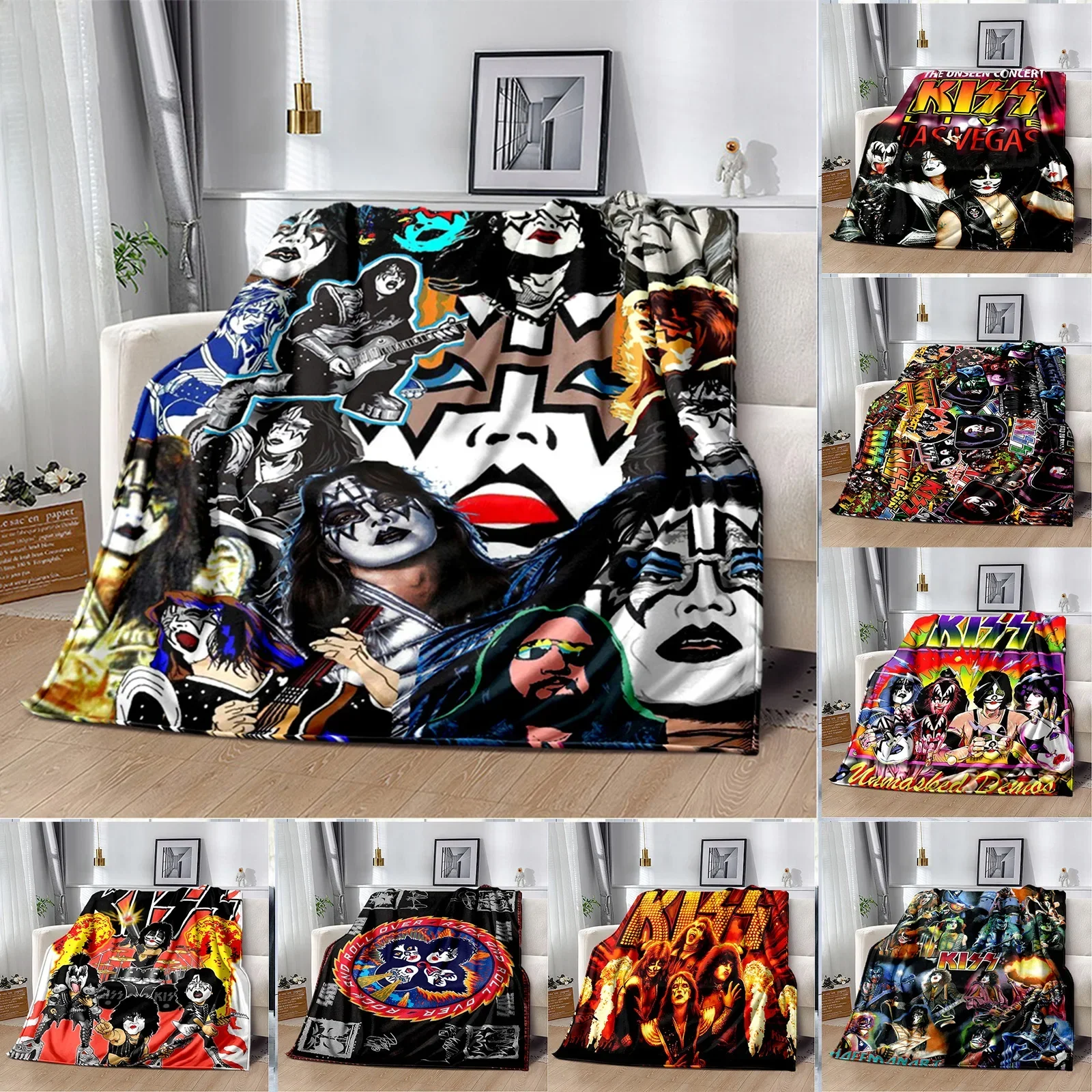 3D Printed Kiss Rock Band Blanket Soft Sofa Cover Throw Blanket Fleece Tapestry Lightweight Warm Bed Blankets for Bedroom Couch