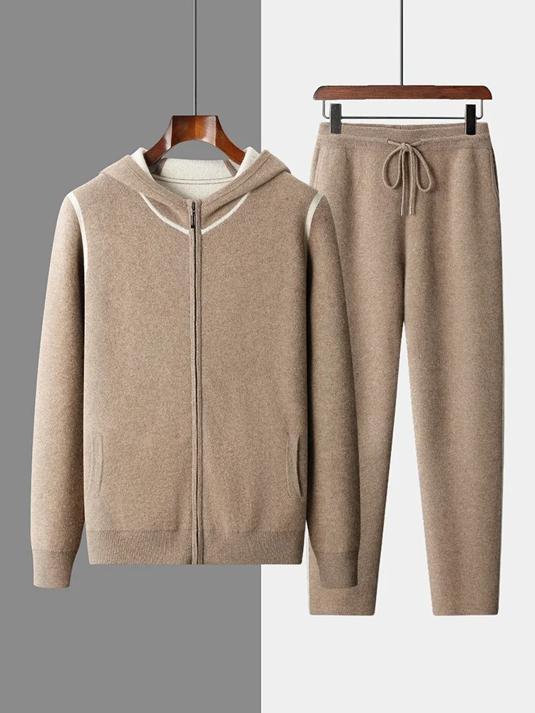 Tcyeek Men's 100% Cashmere Sweater Pants Suit Autumn Winter Thickness Hooded Cardigan Straight Pants Luxury Cashmere Knitwear