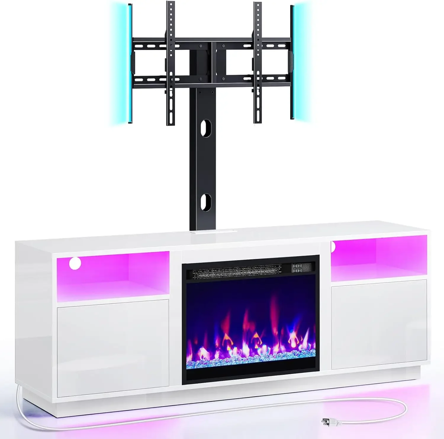 Rolanstar Fireplace TV Stand Led Lights and Power Outlets, Entertainment Center with Electric Fireplace, Swivel TV Stand Mount