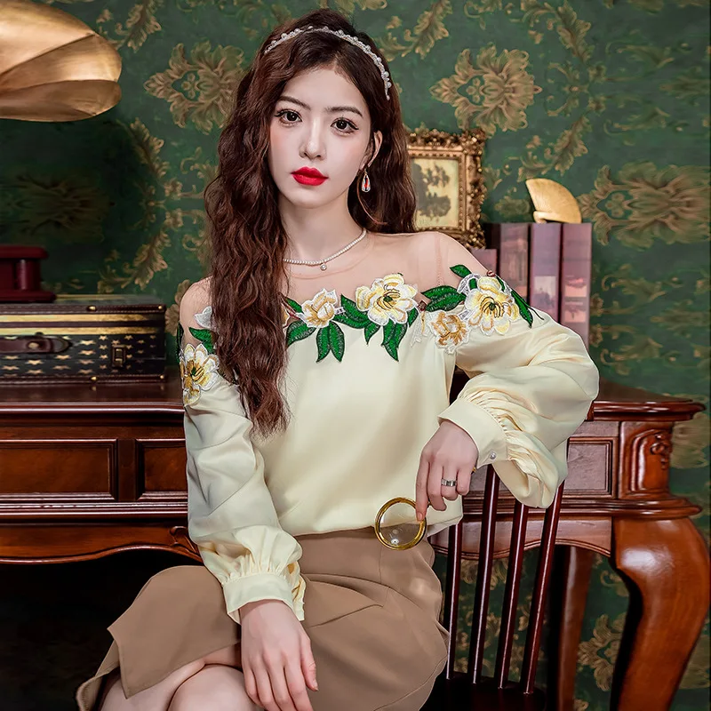 Mesh Patchwork Embroidered Women Blouse Fashion Long Sleeve Satin Shirt Office Lady Elegant O-neck Tops