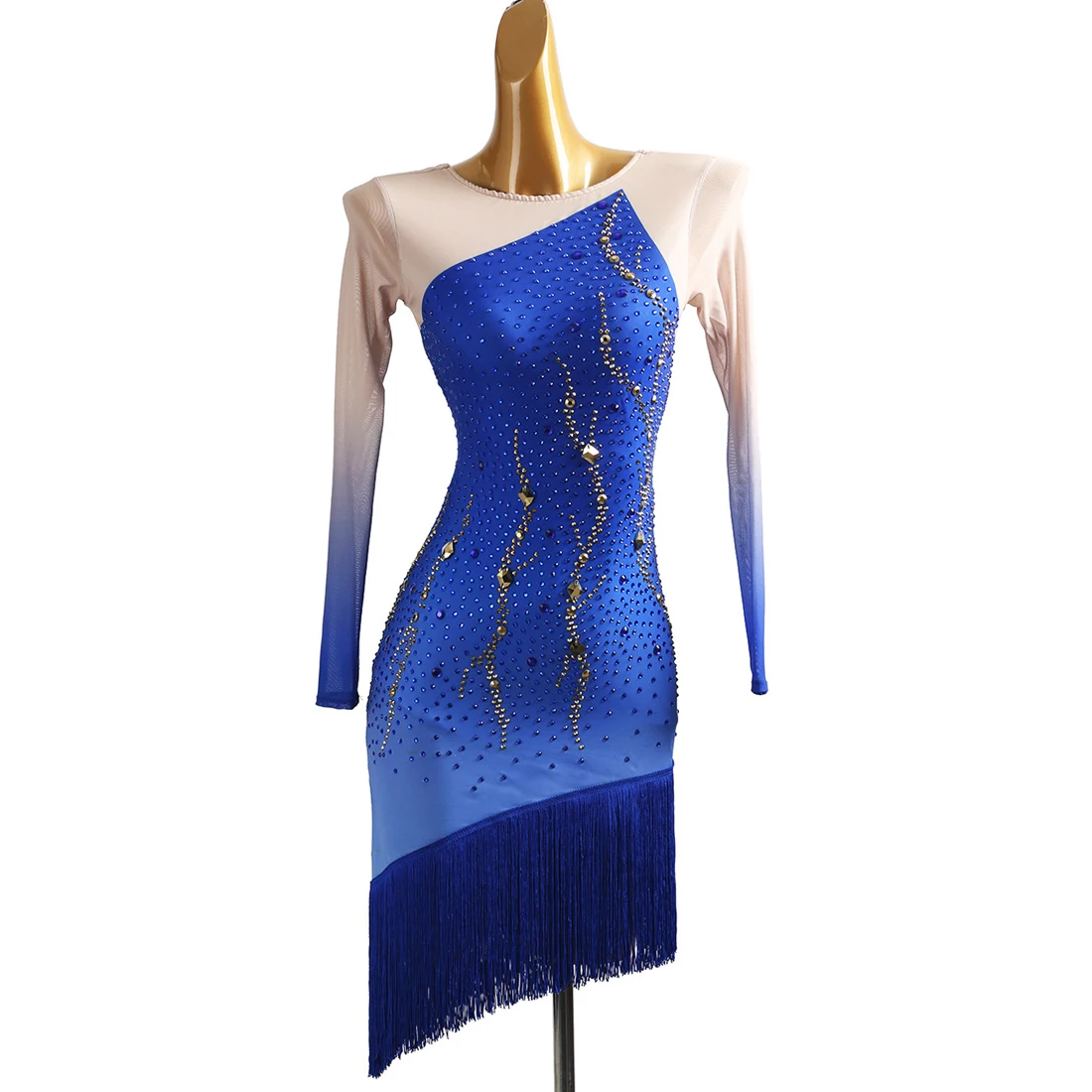 Latin Dance Performance Clothing Gradient Mesh Long-sleeved Diamond Tassel Adult Professional Competition Art Test Dance Dress