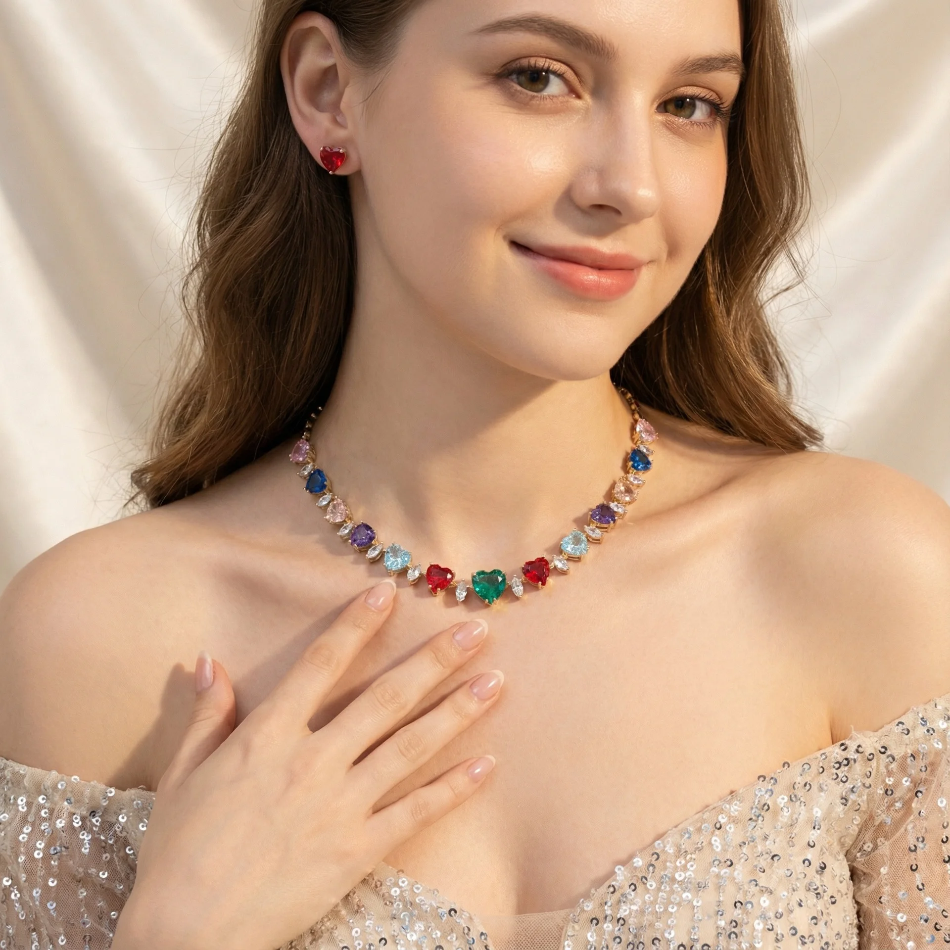 

New European Heart Zircon Jewelry Set, Luxury Necklace & Earrings, Exquisite Explosion Stone Clavicle Chain for Summer