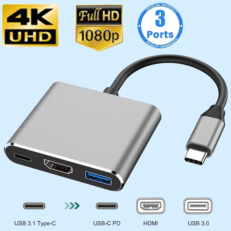 

USB C HUB 3in1 Type C 3.0 to HDMI-compatible Docking Station PD Fast Charge 4K HDMI Adapter Splitter For MacBook Phone Computer