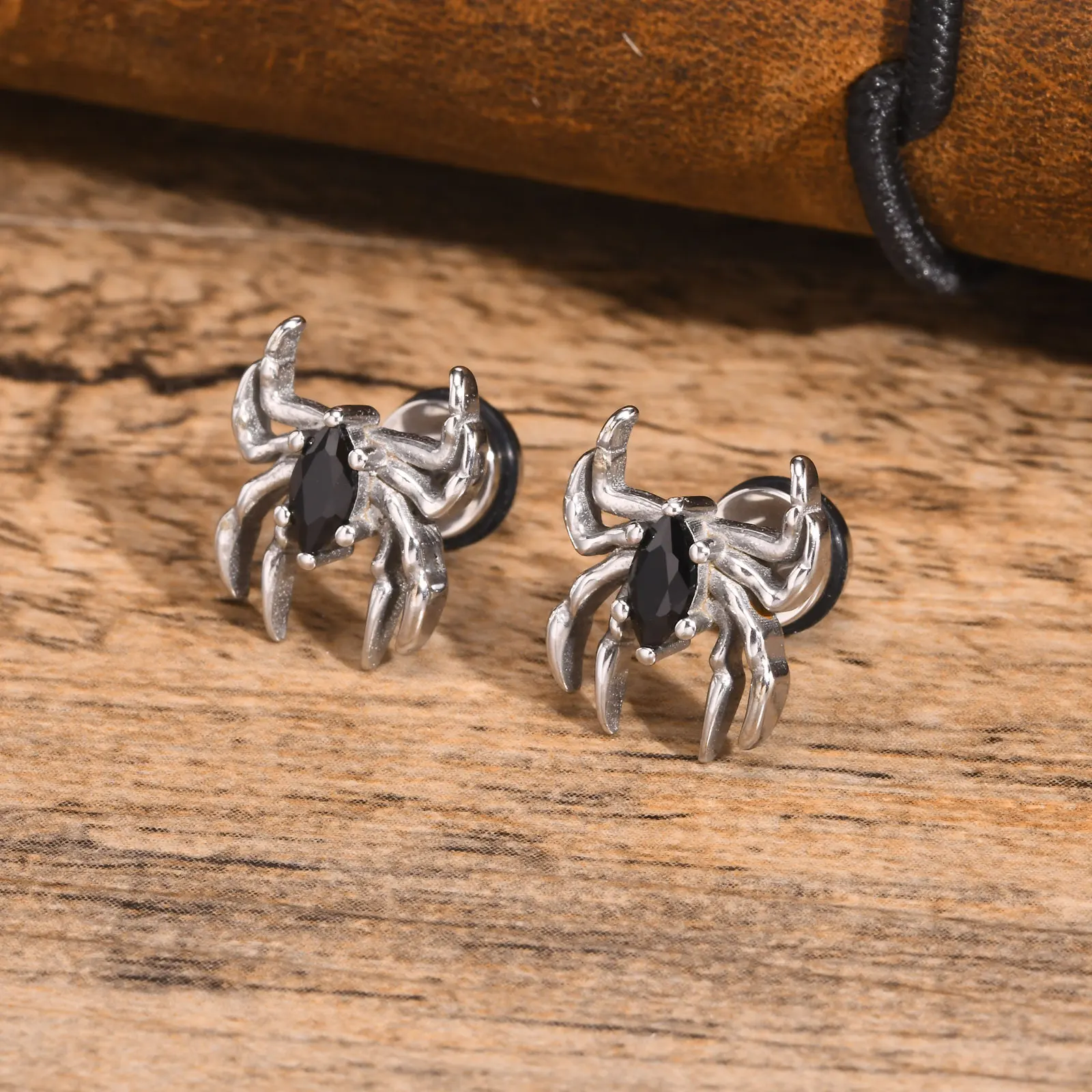 Mprainbow Punk Spider Earrings for Men Women,Stainless Steel Black Stone Stud Earrings,Cool Halloween Jewelry Gift
