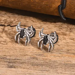 Mprainbow Punk Spider Earrings for Men Women,Stainless Steel Black Stone Stud Earrings,Cool Halloween Jewelry Gift