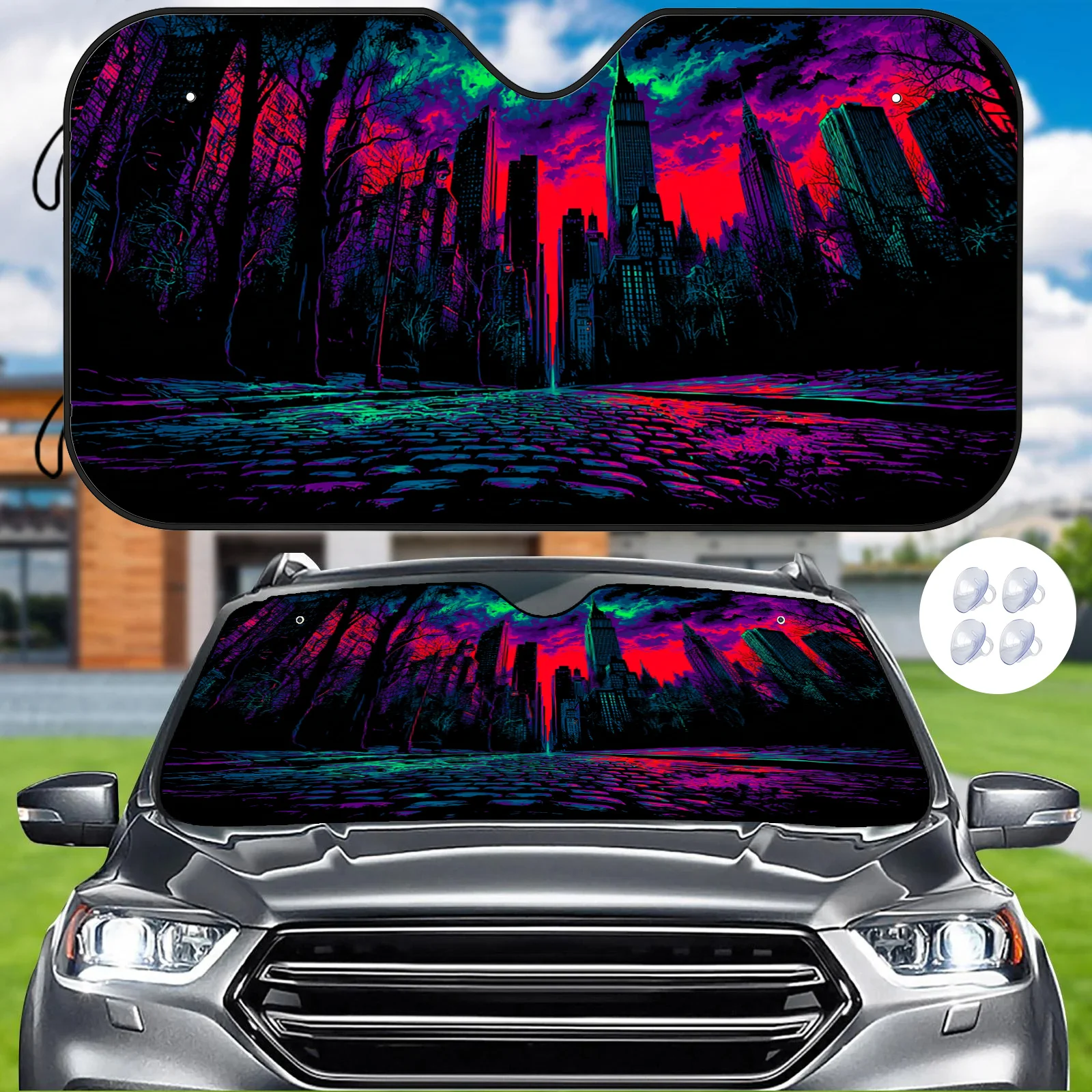 Neon Night Skyline Car Sunshade With Installation Clips For Stylish And Effective Heat Reduction
