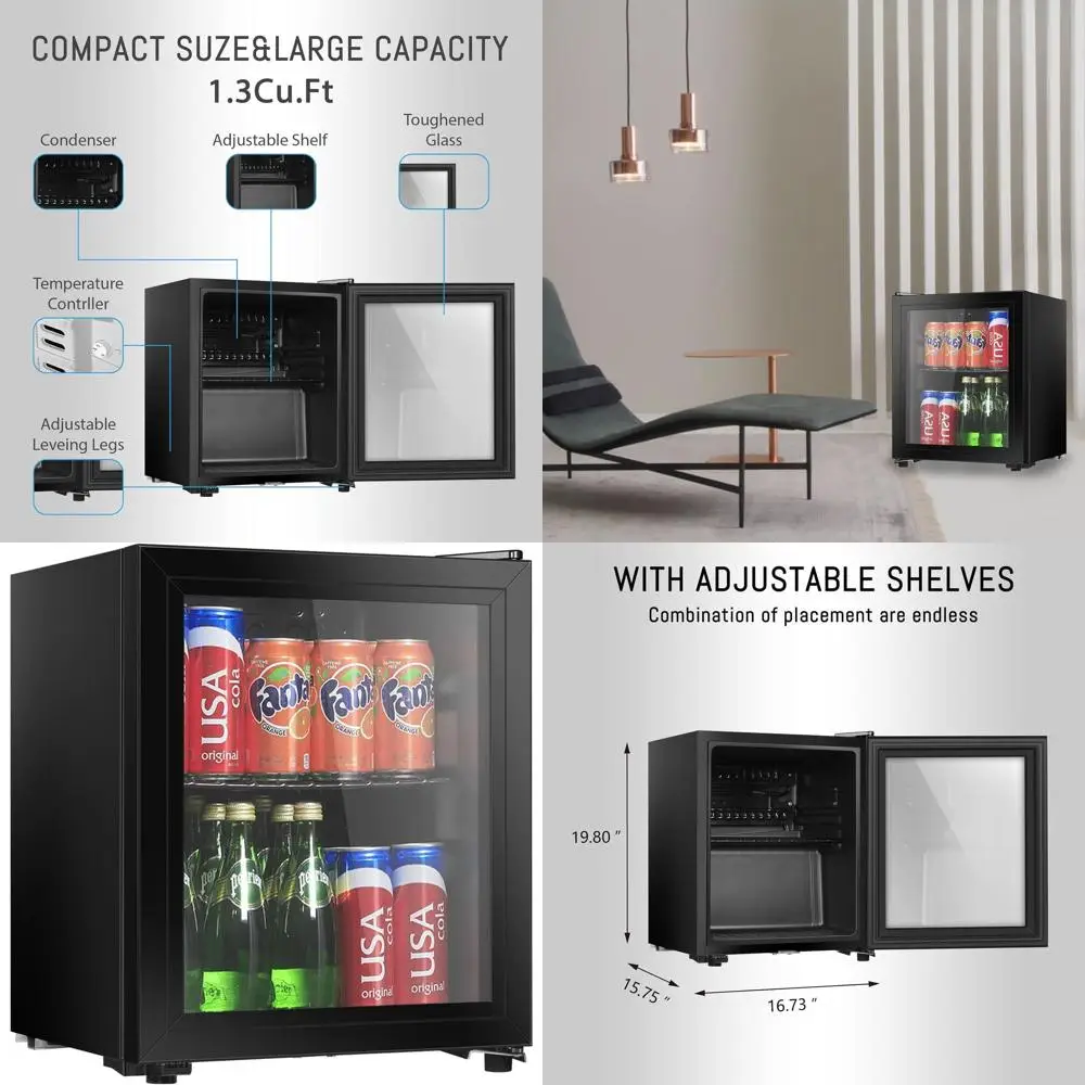 

Мини-холодильник для напитков со стеклянной дверцей, 1,3 куб. фута. Отдельностоящий холодильник с регулируемыми полками для льда и бара