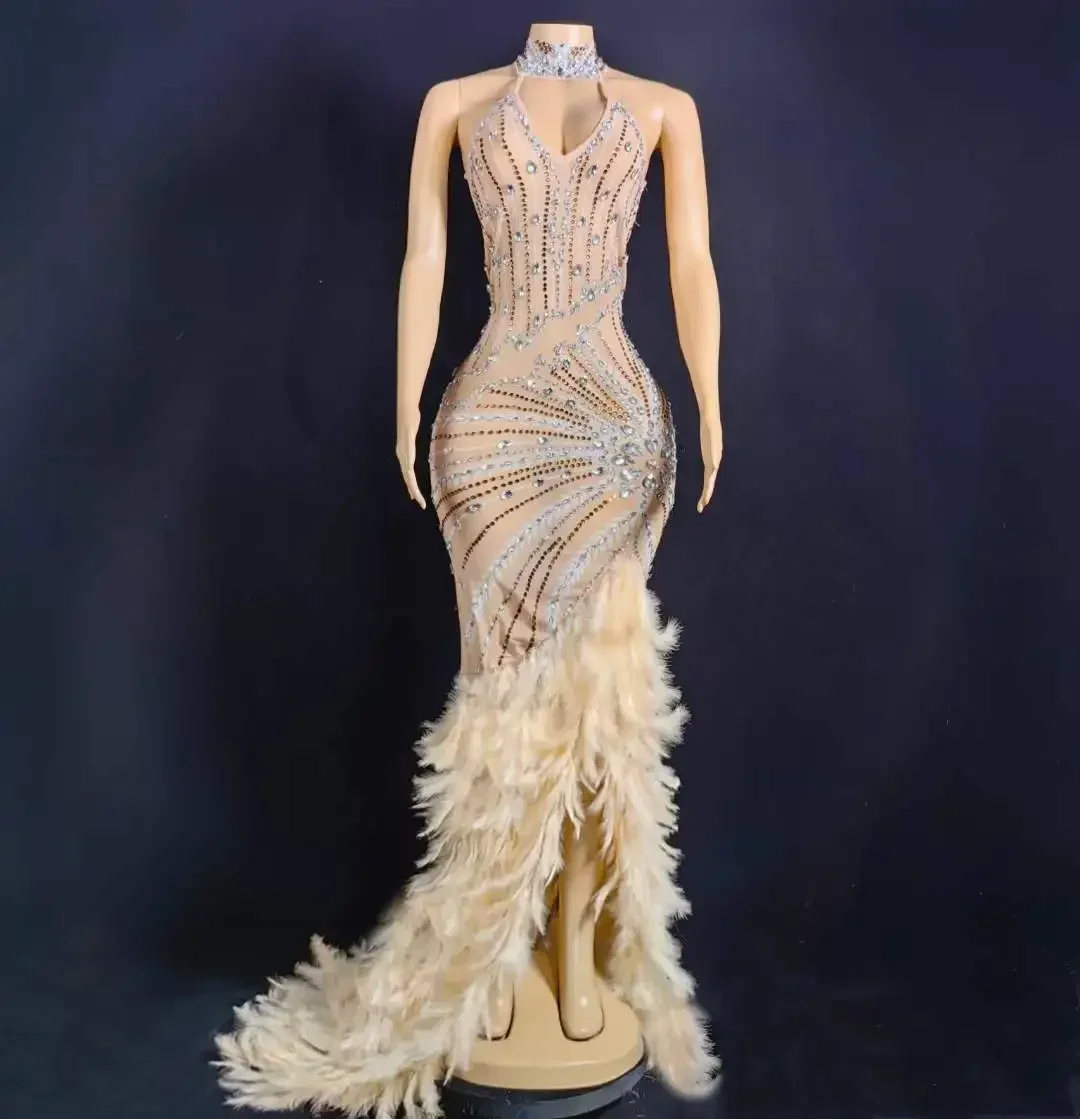 

Women Sexy Sparkly Rhinestone Backless With Feather Club Night Performance Celebrity Dress