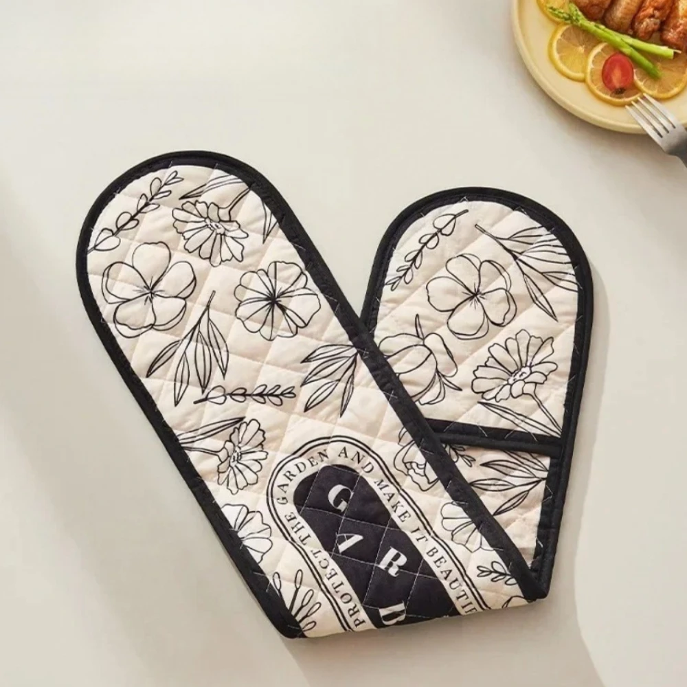 1Pcs Oven Glove Heat Resistant Microwave Baking BBQ Integrated Glove Cotton Linen Nonslip Mitts Home Baking Cooking Accessories