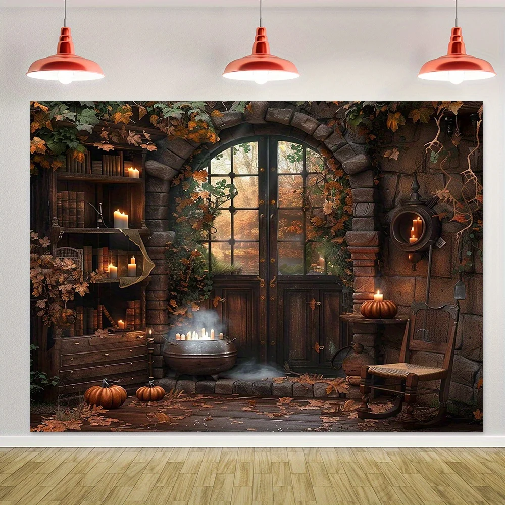 Halloween Retro Magic Room Background Witch Magic Potion Photography Background Medieval Wizard Candle Pumpkin Background