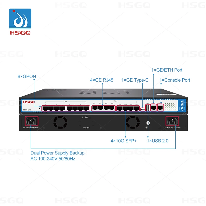 HSGQ-G08R 8 Ports 10GE Gpon Fiber 10G Line Type C Olt SFP+ Uplink Gepon FTTR Optic Network Terminal GPON OLT