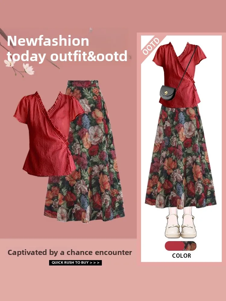 

Korean Sle ort Sve Floral Print High Waist Slimming Skirt Two Piece Set Ele Design Vintage Light Maturi