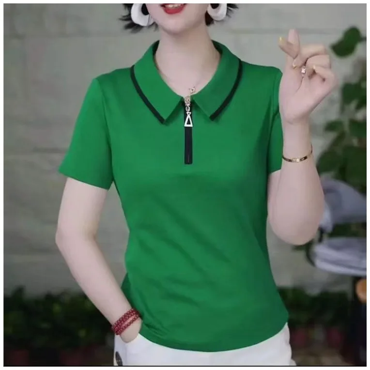 انخفاض الشحن 2025 صيف جديد اللون منعت انغلق تي شيرت بولو أمي ارتداء التخسيس المرأة قاعدة طبقة قميص #2