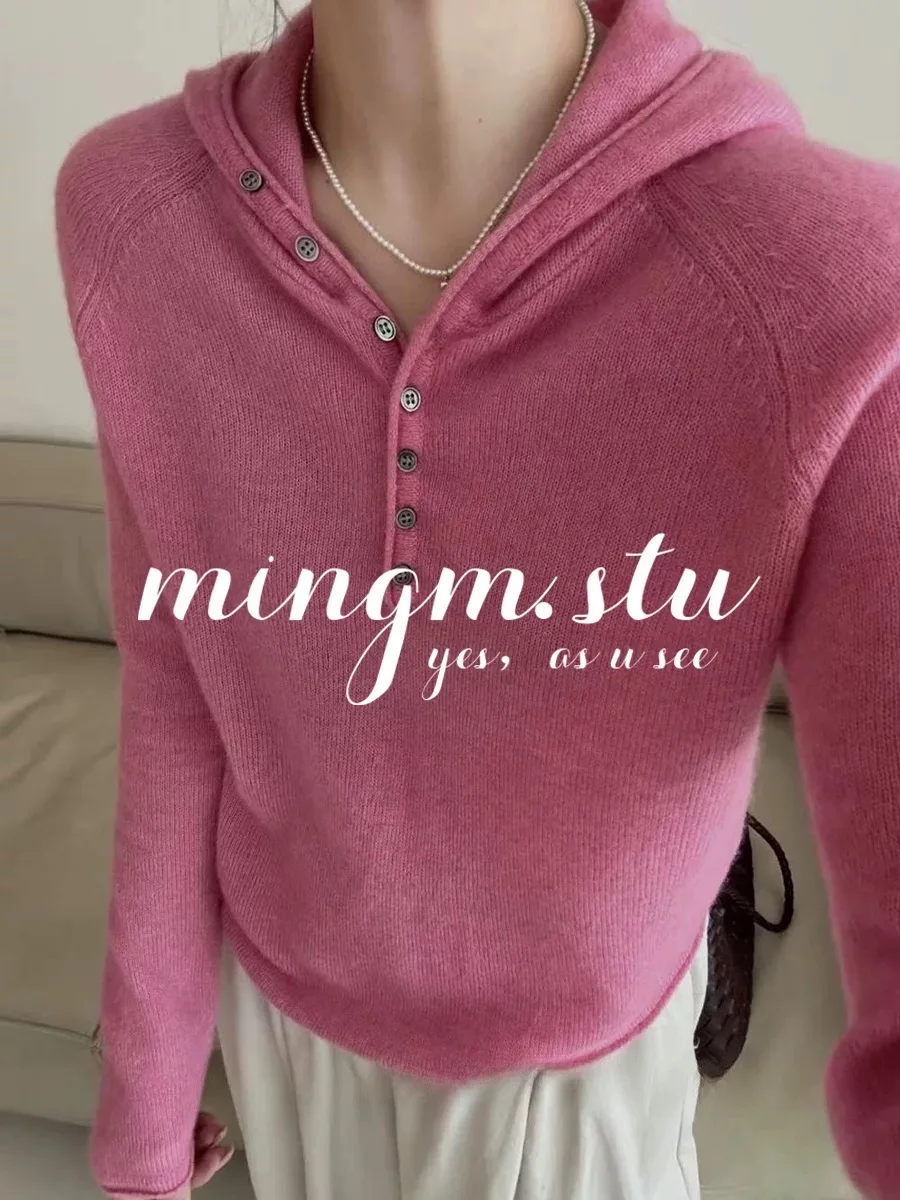 2026 new women's 100% wool knitwear multi-button hooded sweater solid color sweater loose casual long-sleeved top