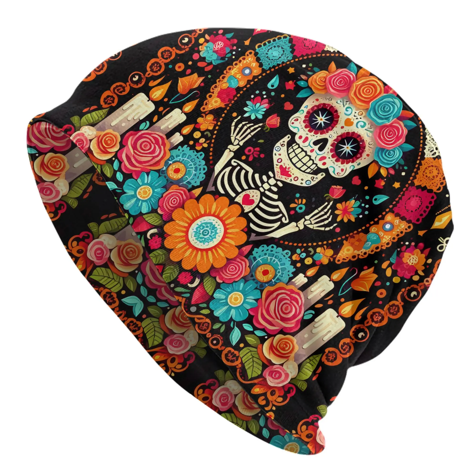 Men's Mexican Calavera Bonnet Hat - La Calavera Catrina Skull Marigold Design, Colorful Sugar Skull Beanie