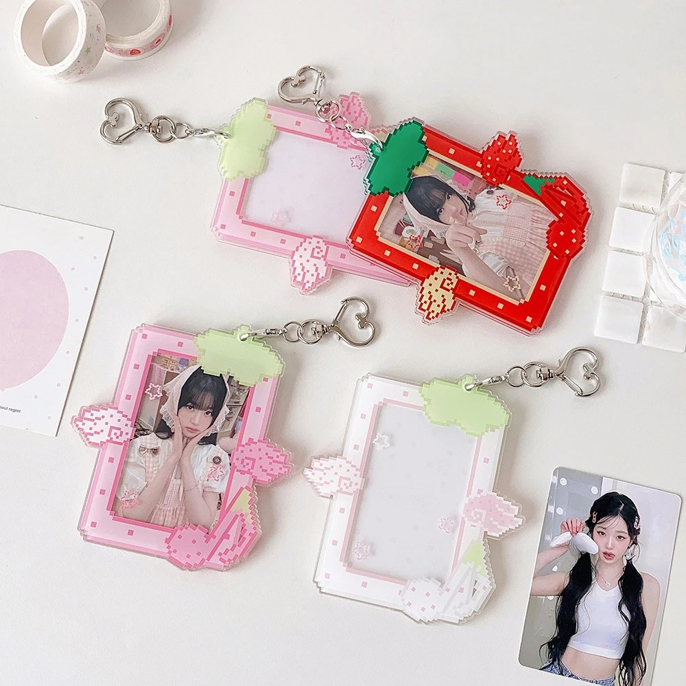 Girl Cartoon Strawberry Card Holder 3-inch Photocard Holder Pendant Keychain Photo Sleeve Bus Student Card Case Protector